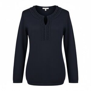 Dana Buchman‎ Soutache Trim Tunic Sweater Notch Neck Knit Pullover Black S